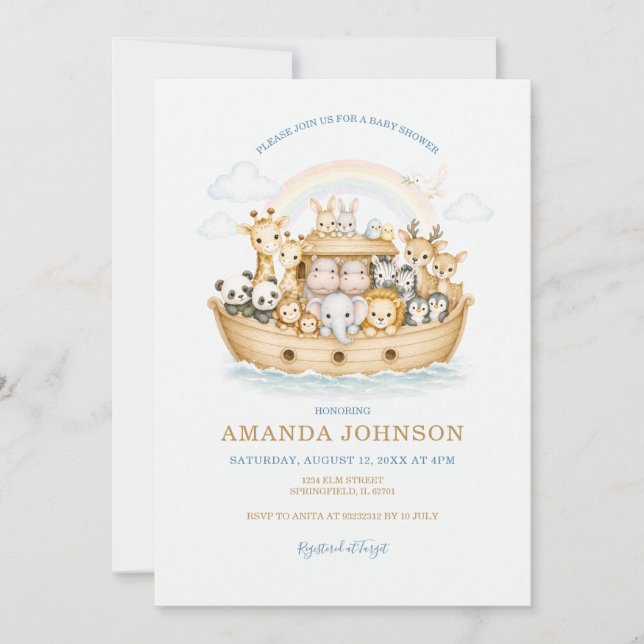 Rainbow Watercolor Animals Noah Ark Invitation (Front)