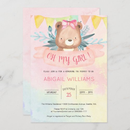 Rainbow Watercolor Bear Girl Baby Shower Invitation
