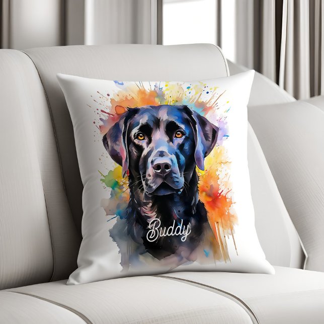 Rainbow Watercolor Black Labrador Personalized Throw Pillow (Creator Uploaded)