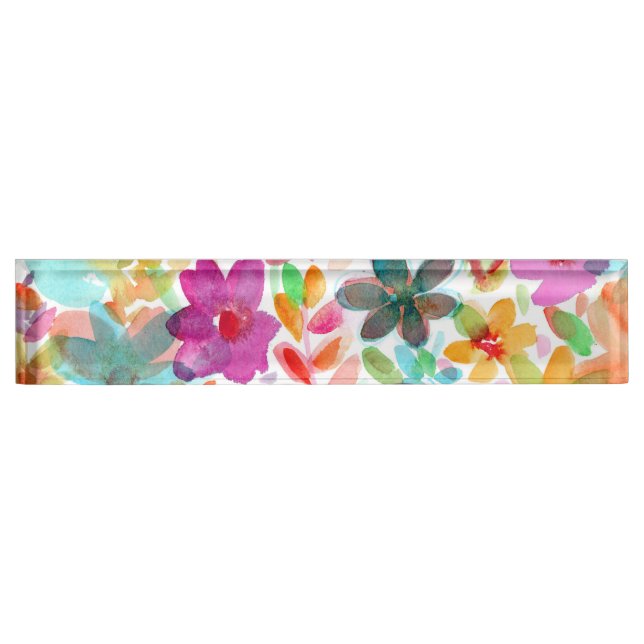Rainbow Watercolor Bloom Clear Acrylic Nameplate (Front)