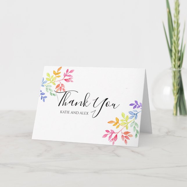 Rainbow Watercolor Botanical Wedding Thank You Card (Front)