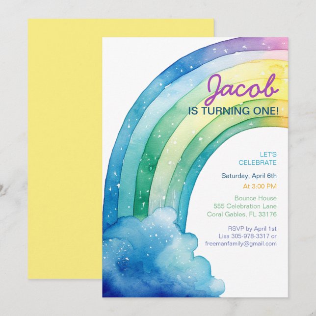 Rainbow Watercolor Boys Birthday Party  Invitation (Front/Back)