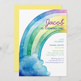 Rainbow Watercolor Boys Birthday Party Invitation