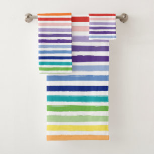 Rainbow Watercolor Brush Stripe Pattern Bath Towel Set