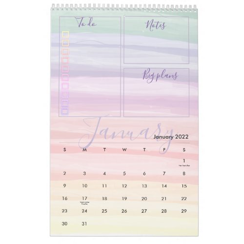 Rainbow Watercolor Brush Strokes Monthly Planner Calendar
