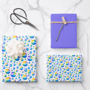 Rainbow Watercolor Bubbles w/ Blue-Violet Solid Wrapping Paper Sheets