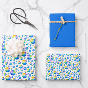 Rainbow Watercolor Bubbles w/ Deep Blue Solid Wrapping Paper Sheets
