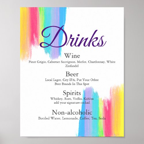 Rainbow Watercolor Chic LGBTQ Wedding Drinks Menu  Poster