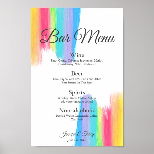 Rainbow Watercolor Chic LGBTQ Wedding Drinks Menu Poster