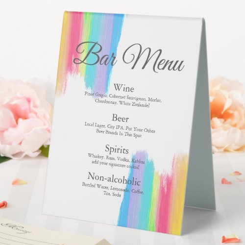 Rainbow Watercolor Chic LGBTQ Wedding Drinks Menu  Table Tent Sign