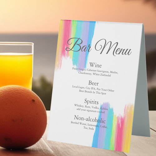 Rainbow Watercolor Chic LGBTQ Wedding Drinks Menu  Table Tent Sign