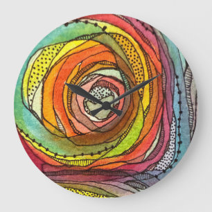 Rainbow Watercolor Circles with Inked Marks Large Clock