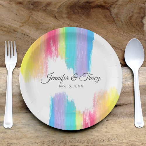 Rainbow Watercolor Colorful Gay Wedding Party Paper Plates