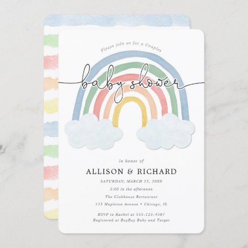 Rainbow watercolor Couples co_ed baby shower Invitation