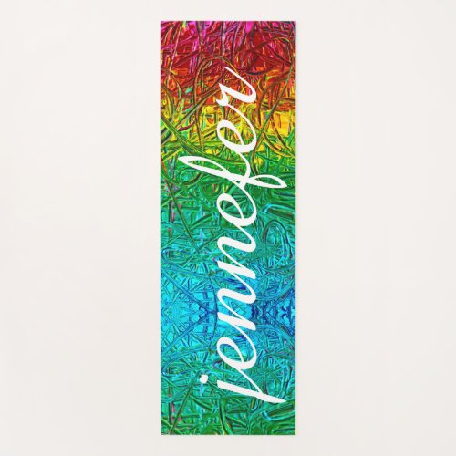 Rainbow Watercolor Custom Script Monogram Name Yoga Mat