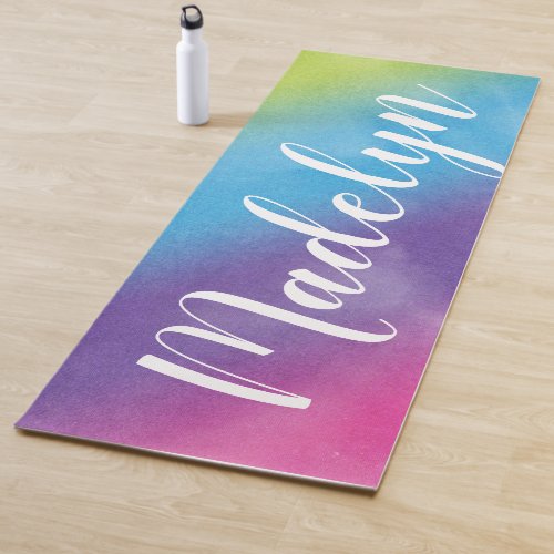 Rainbow Watercolor Custom Script Monogram Name Yoga Mat