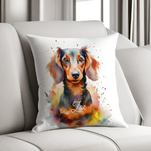 Rainbow Watercolor Dachshund Dog Personalized Throw Pillow