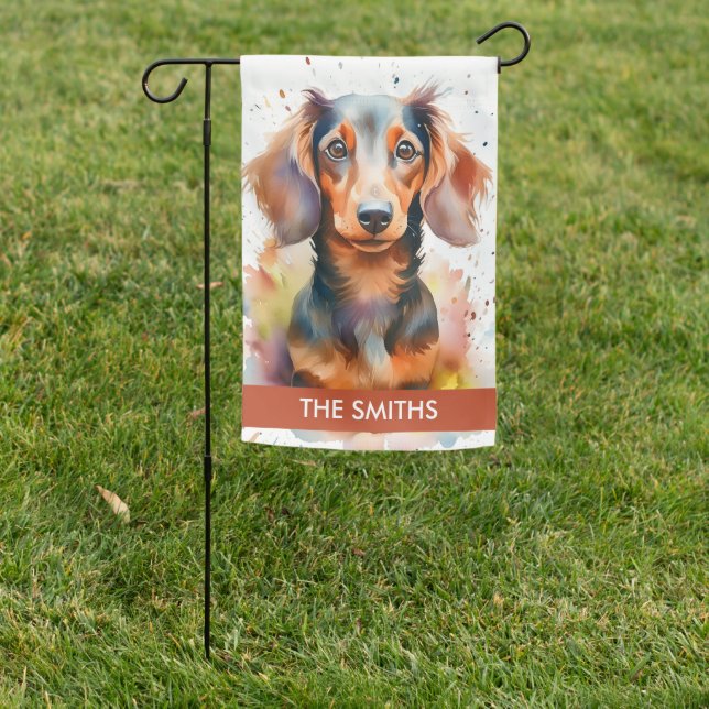 Rainbow Watercolor Dachshund Welcome  Garden Flag (In SItu)