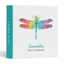 Rainbow Watercolor Dragonfly Personalized Feminine 3 Ring Binder