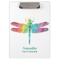 Rainbow Watercolor Dragonfly Personalized Feminine Clipboard