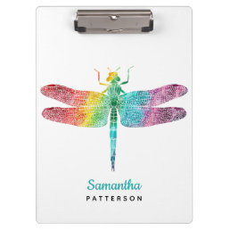 Rainbow Watercolor Dragonfly Personalized Feminine Clipboard