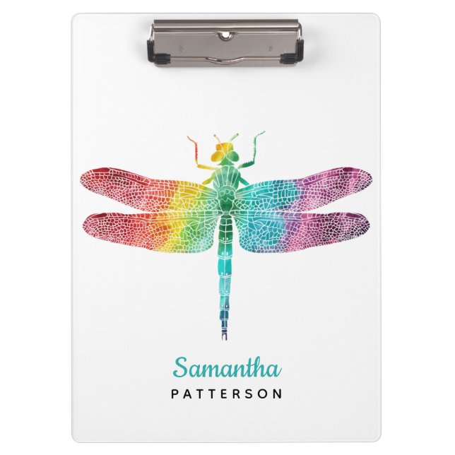 Rainbow Watercolor Dragonfly Personalized Feminine Clipboard (Front)