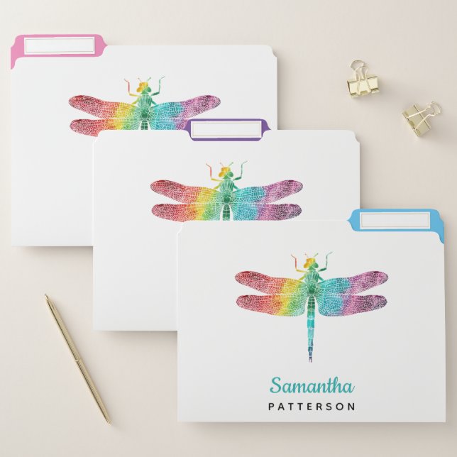 Rainbow Watercolor Dragonfly Personalized Feminine File Folder (Set)