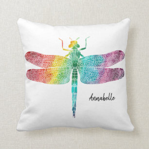 Rainbow Watercolor Dragonfly Personalized Pretty Throw Pillow