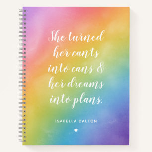 Rainbow Watercolor Dreams Into Plans Quote Notebook