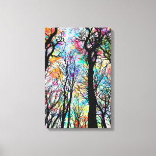 Rainbow watercolor drop sky with black trees canvas print