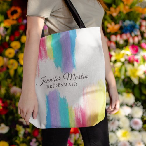 Rainbow Watercolor Elegant Bridesmaid Monogram Tote Bag