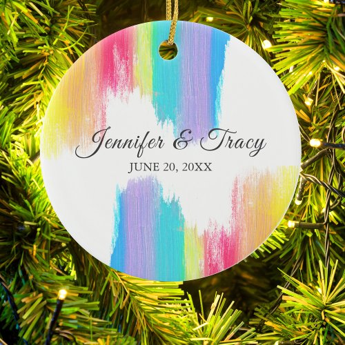 Rainbow Watercolor Elegant Couple Wedding Keepsake Ceramic Ornament