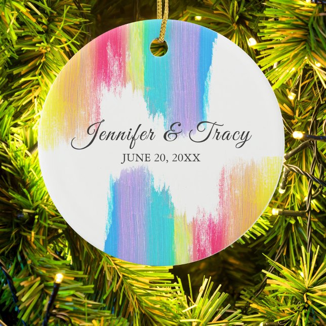 Rainbow Watercolor Elegant Couple Wedding Keepsake Ceramic Ornament (Creator Uploaded)