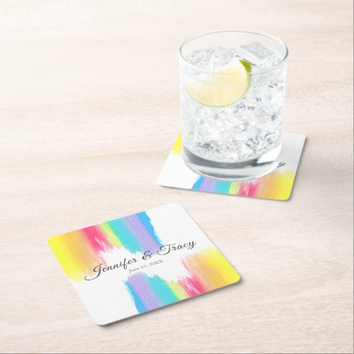 Rainbow Watercolor Elegant LGBTQ Wedding Square Paper Coaster