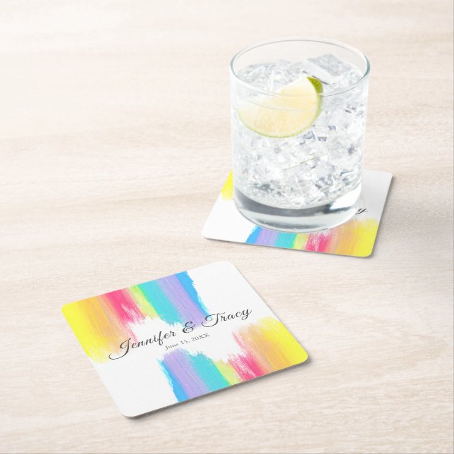 Rainbow Watercolor Elegant LGBTQ Wedding Square Paper Coaster (Insitu)