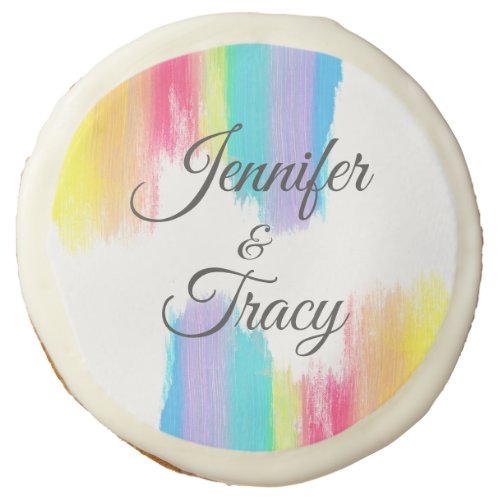 Rainbow Watercolor Elegant Monogram LGBTQ Wedding Sugar Cookie