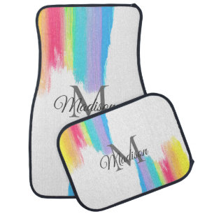 Rainbow Watercolor Elegant Paint Strokes Monogram Car Floor Mat