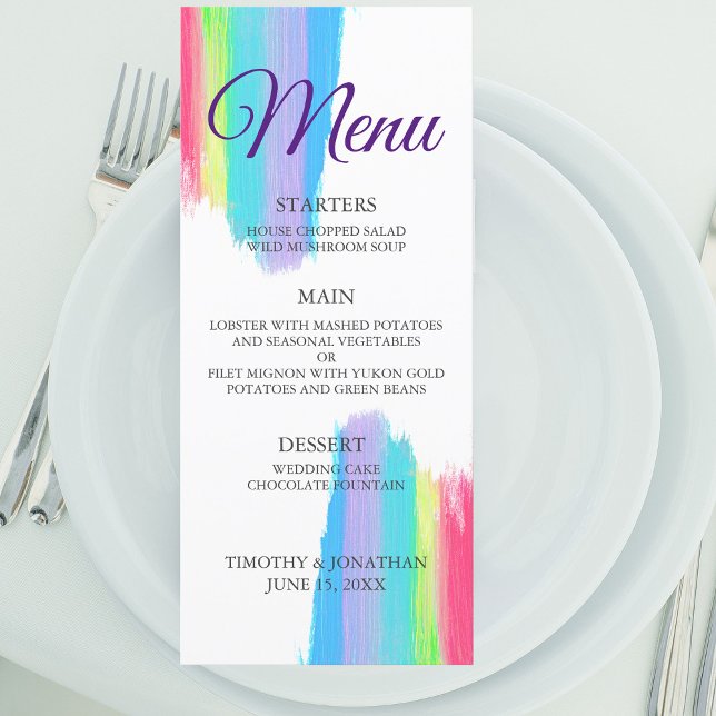 Rainbow Watercolor Elegant Wedding Dinner Menu (Creator Uploaded)