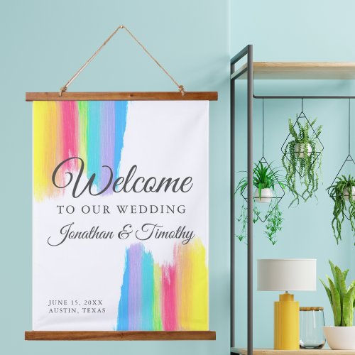 Rainbow Watercolor Elegant Welcome to Our Wedding Hanging Tapestry