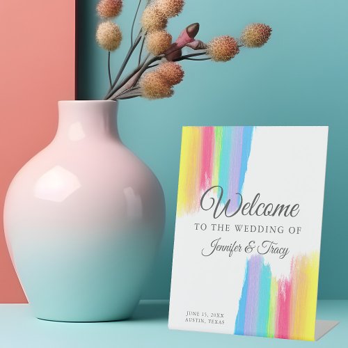 Rainbow Watercolor Elegant Welcome to Our Wedding Pedestal Sign