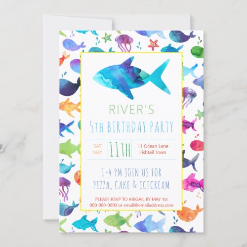 Rainbow Watercolor Fish Under The Sea Birthday Invitation