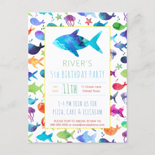 Rainbow Watercolor Fish Under The Sea Birthday Invitation Postcard