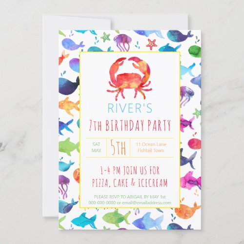 Rainbow Watercolor Fish Under The Sea Crab Invitation