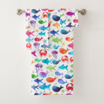 Rainbow Watercolor Fish Under The Sea Marine Bath Towel Set
