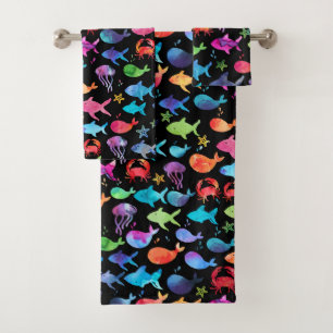 Rainbow Watercolor Fish Under The Sea Marine Black Bath Towel Set