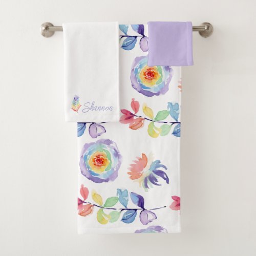 Rainbow Watercolor Floral Monogrammed Towel Set