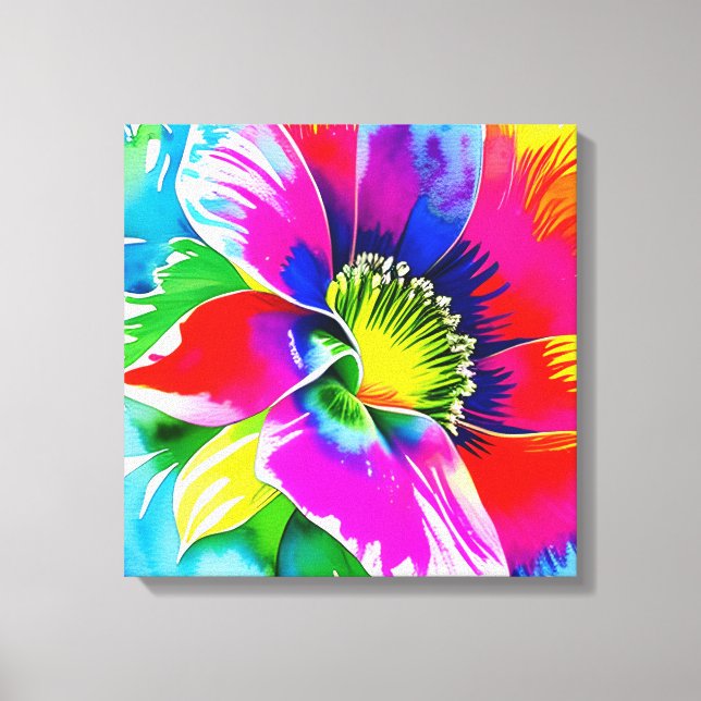 Rainbow Watercolor Flower Stretched Canvas Print (Front)