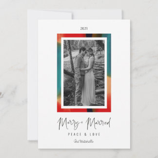 Rainbow Watercolor Frame Merry and Married Peace Holiday Card