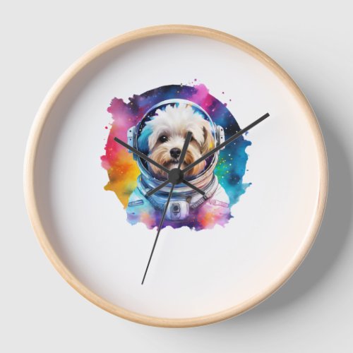 Rainbow Watercolor Galaxy Astronaut Bichon   Clock