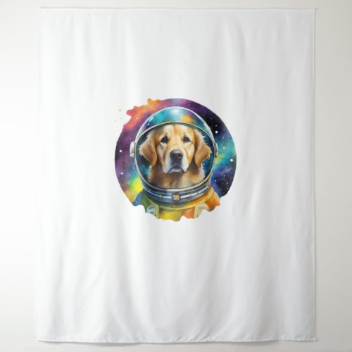 Rainbow Watercolor Galaxy Astronaut Golden Retriev Tapestry